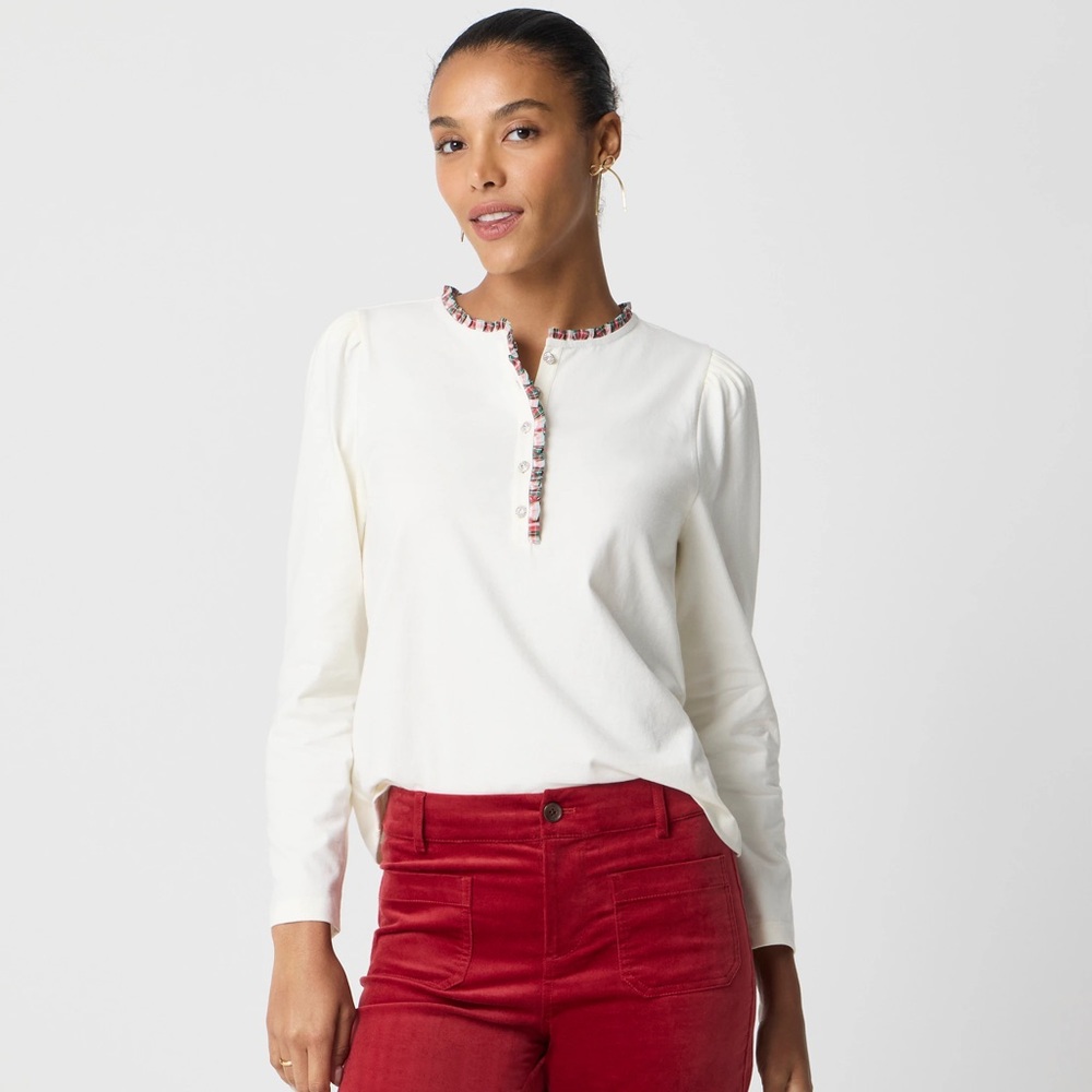 NWT! J Crew Factory - Long-Sleeve Tartan and Jewels Henley - Ivory - Plus 3X